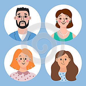 A set of cartoon characters of women and men, a set of avatars, portraits