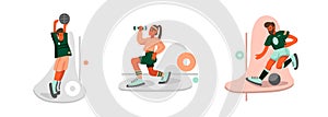 Set of cartoon characters of young athletic people training