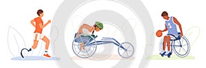 Set of cartoon characters of young people with disability doing sports