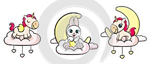 Set cartoon child unicorn and bunny with star on the clouds under the moon. greeting card vector isolated sticker