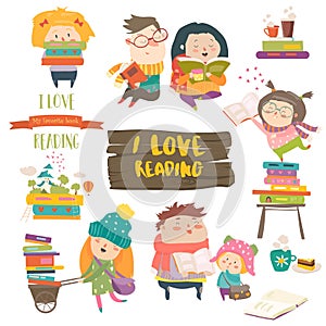 Set of cartoon children reading books