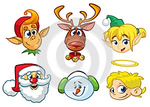 Set of cartoon Christmas characters. Vector cartoon head icons of Santa Claus, reindeer, elf, snowman and angel.