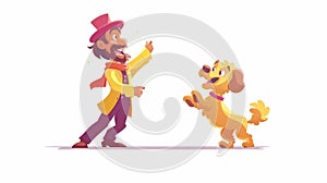 Set of cartoon circus performers with dogs. Carnival magician with dog in vintage costume. Pet trainer in creative retro