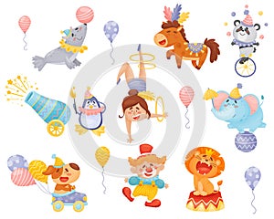 Set of cartoon circus performers. Vector illustration on a white background.