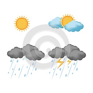 Set of cartoon cloud icons isolated on white background. Different weather illustration sun, rain, lightning, cloud