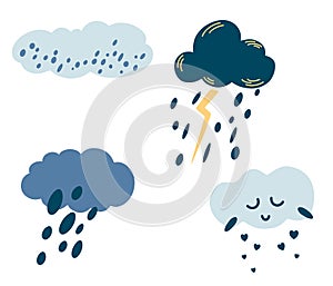 Set of cartoon clouds. Cute weather icons. Clouds with rain, hail, snow, lightning and cute face. Perfect for Printing Fabric Logo