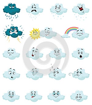 Set of cartoon clouds with emotions. Collection of cute clouds with faces. A vector illustration for the weather