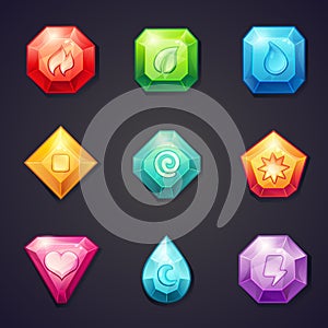 Set of cartoon colored stones with different signs element for use in the game, three in a row photo