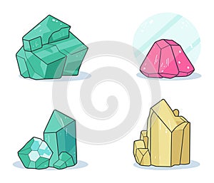 Set of cartoon colorful crystals, precious gemstones collection. Cute hand-drawn mineral stones, concept jewel clipart