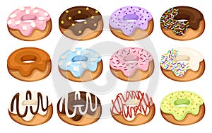 Set of cartoon colorful donuts. Dessert with cream. Flat  illustration isolated on white background. Sweet sugar icing