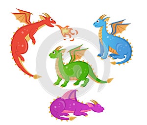 Set of cartoon colorful dragons. Fairytale reptiles with wings. Illustration of fantasy animal character.