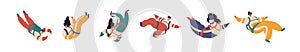 Set of cartoon colorful free fall people vector flat illustration. Collection of active man and woman flight in suspense