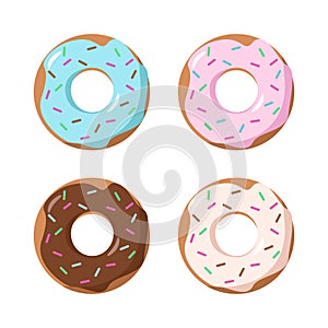 Set of cartoon colorful tasty glazed donuts isolated on white background. Vector flat illustration.