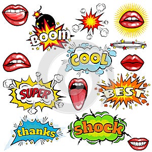Set of cartoon comic super speech bubble labels with text, open red lips with teeth, retro cartoon vector pop art