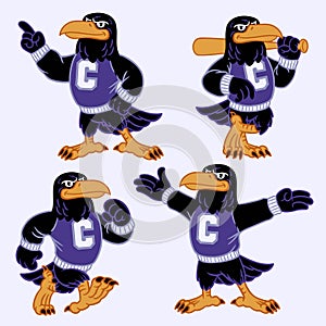 Set of Cartoon Crow Sport Mascot in Vintage Style