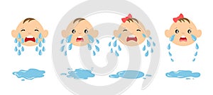 Set of cartoon crying baby faces with tear drops and puddles. Weeping kids illustration. Upset emoticons