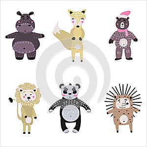Set cartoon cute animals for kids in scandinavian style zoo. Vector isolated postcard flyer, page, banner design.