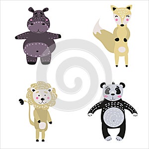 Set cartoon cute animals for kids in scandinavian style zoo. Vector isolated postcard flyer, page, banner design.