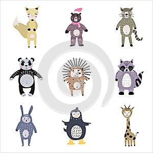 Set cartoon cute animals for kids in scandinavian style zoo. Vector isolated postcard flyer, page, banner design.