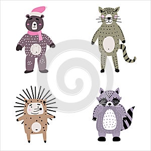 Set cartoon cute animals for kids in scandinavian style zoo. Vector isolated postcard flyer, page, banner design.