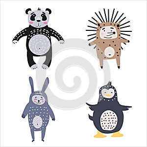 Set cartoon cute animals for kids in scandinavian style zoo. Vector isolated postcard flyer, page, banner design.