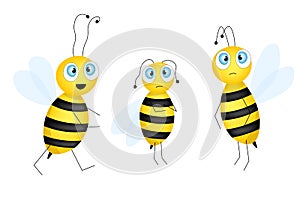 Set of cartoon cute bee mascot. A small bees flies. Wasp collection. Vector character. Insect icon. Template design for invitation