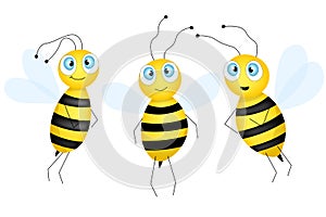 Set of cartoon cute bee mascot. A small bees flies. Wasp collection. Vector character. Insect icon. Template design for invitation