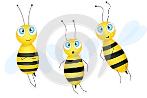 Set of cartoon cute bee mascot. A small bees flies. Wasp collection. Vector character. Insect icon. Template design for invitation