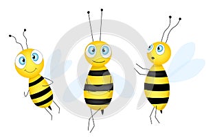 Set of cartoon cute bee mascot. A small bees flies. Wasp collection. Vector character. Insect icon. Template design for invitation