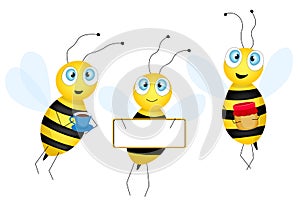 Set of cartoon cute bee mascot. A small bees flies. Wasp collection. Vector character. Insect icon. Template design for invitation