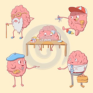 Set of cartoon cute brain character