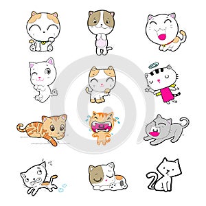 Set of cartoon cute cats. doodle cats with different emotions. Cat handmade. Isolated cat for design. vector illustration