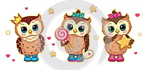 Set cartoon cute funny owls with star, candy, crown. Isolated children`s cartoon fabulous illustration, for print or sticker.