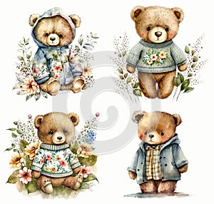 Set of cartoon cute teddy bear toys, nursery art, digital watercolor painting, printable wall art. Generative AI