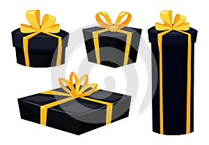Set of cartoon decorative black gift boxes with golden bow for black friday sale design. Vector illustration. Holiday