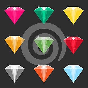 Set of cartoon diamonds, crystals in different colors.