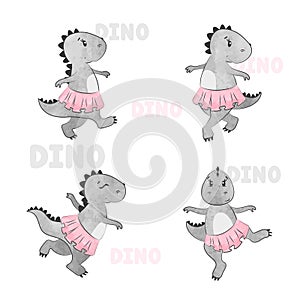 Set of Cartoon Dino ballerina girl. Vector watercolor dancing dinosaur illustration