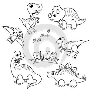 Set of cartoon dinosaurs. Cute dino. Black and white vector illustration for coloring book