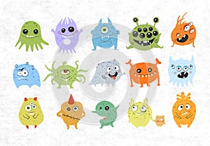 Set of cartoon doodle germs, viruses and bacterias monsters on old paper background.