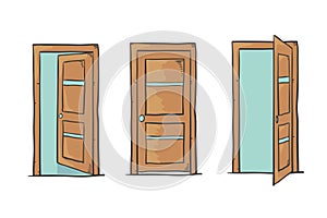 Set of cartoon doors, closed and open, on white.
