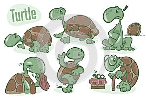 Set of cartoon drawing of turtles. Sea life illustration. Vector