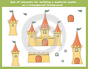 Set of cartoon elements for building a fairy medieval castle on a transparent background