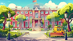 A set of cartoon elements depicting the exterior of a high school. Each element includes a red wall, yellow children