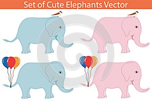 Set of cartoon elephant vector isolated on white background. Blue and pink cute baby elephants .