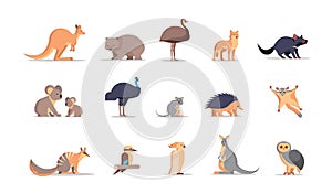 Set cartoon endangered wild australian animals collection wildlife species fauna concept flat horizontal