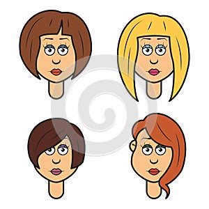 Set of cartoon faces of a woman,