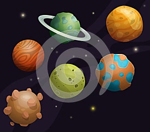 Set of cartoon fantastic planet on space background