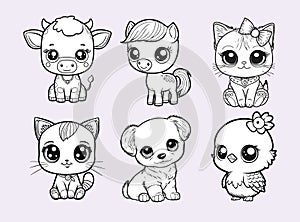 Set of cartoon farm animals - cat, dog, horse, cow, chick. Cute pets in line drawing. Vector illustration on isolated background.
