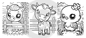 Set of cartoon farm animals - cow, chick, horse. Cute pets in line drawing. Vector illustration on isolated background. For