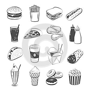Set of cartoon fast food: hamburger, french fries, sandwich, hot dog, pizza, chicken, ketchup and mustard, taco, coffee.